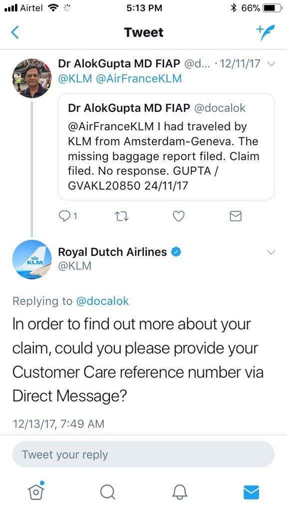 Royal Dutch Airlines Twitter respond