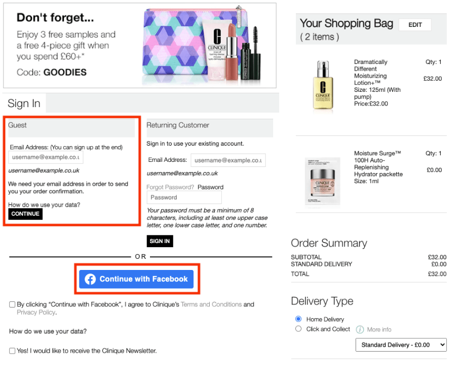 Clinique Checkout Page Guest Option