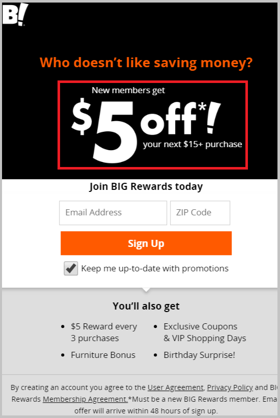 BigLots $5 reward offer