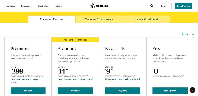 MailChimp Pricing Page