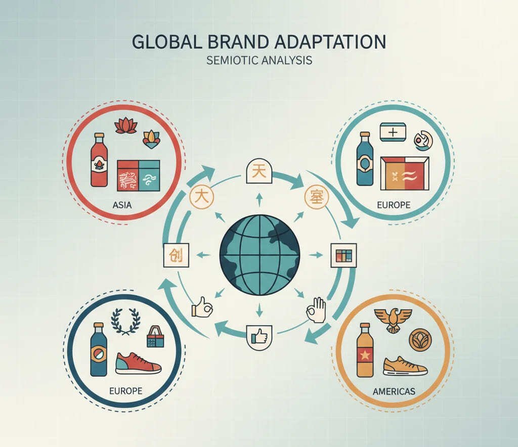 Infographic of a globe surrounded by cultural signs and local market icons, showing how semiotic analysis helps global brands adapt messages while keeping a consistent identity.