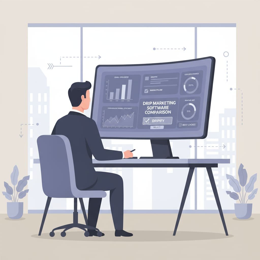 Professional reviewing comparison charts to choose the right drip marketing software tool on a computer screen.
