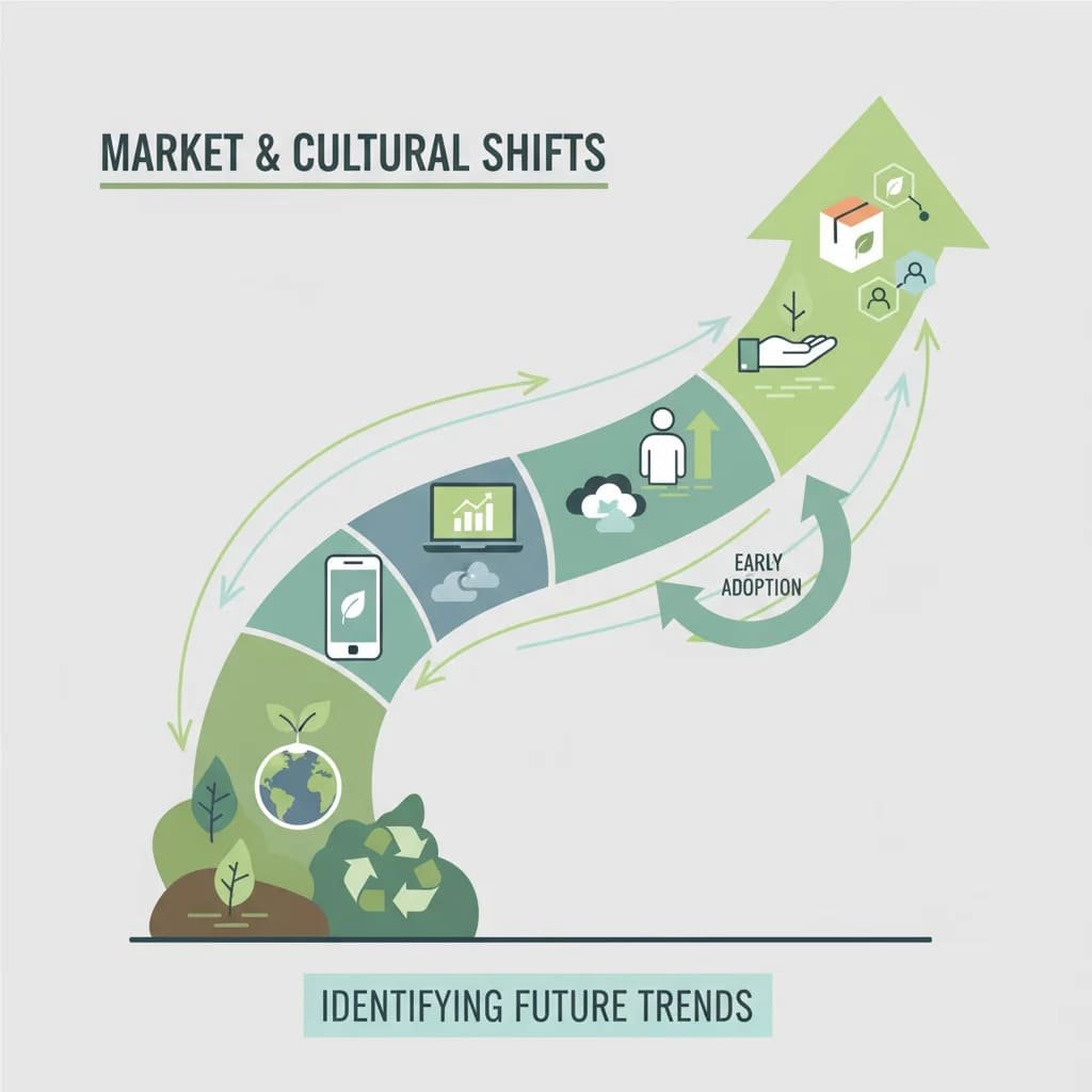 Infographic of a timeline with arrows and evolving cultural symbols—such as leaves, eco-packaging, and tech icons—illustrating how semiotic analysis detects early market trends.