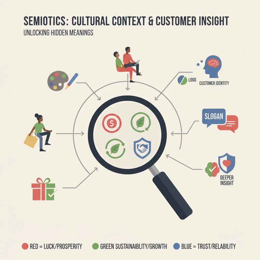 Infographic showing a magnifying glass revealing hidden cultural meanings in product colors, logos, and slogans, connecting brands to diverse consumer identities.