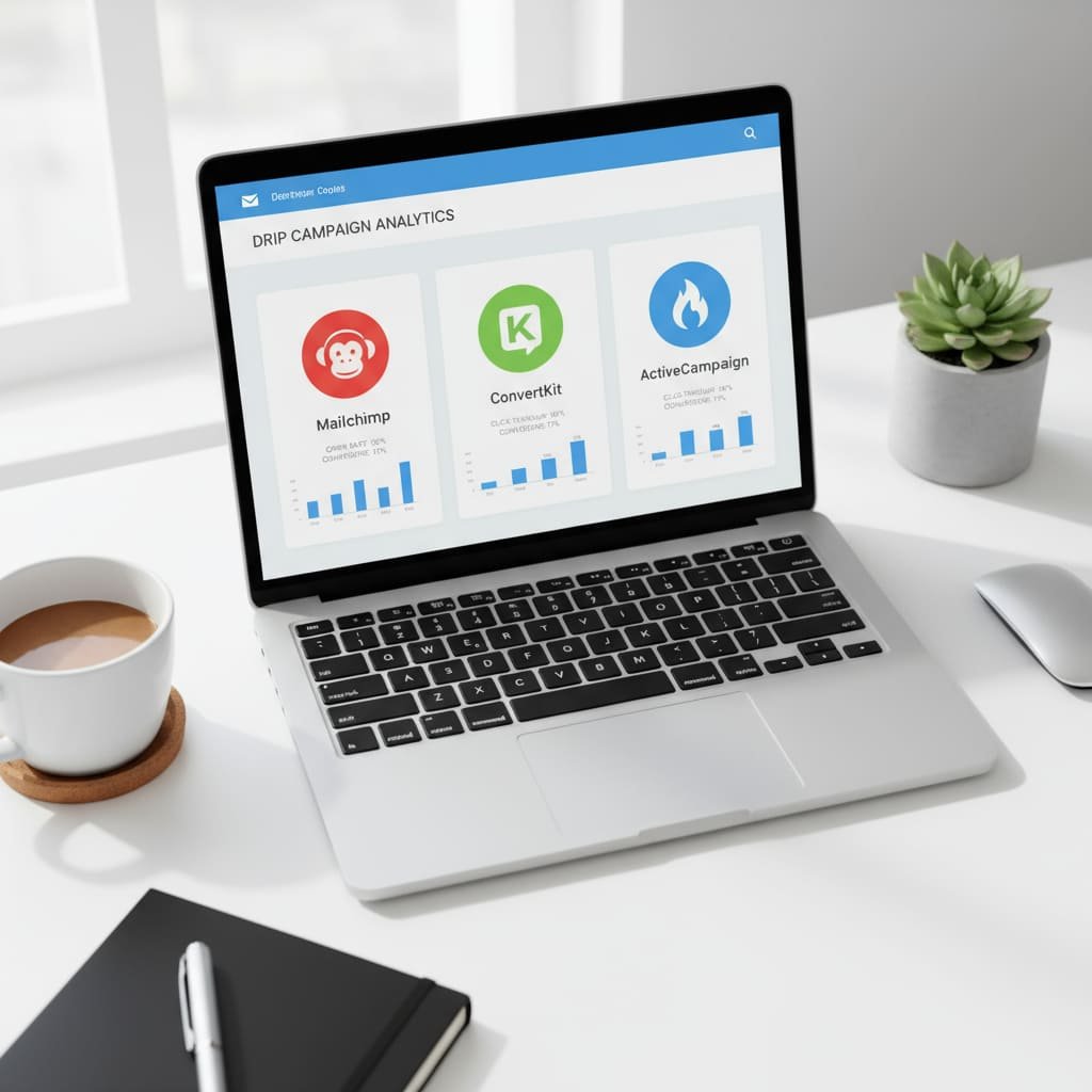 Laptop screen displaying top drip marketing software tools like Mailchimp, ConvertKit, and ActiveCampaign on a modern workspace.