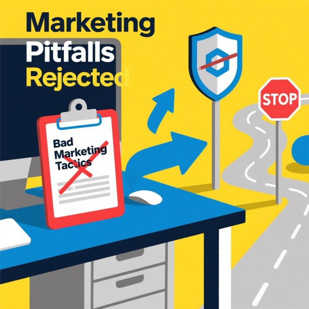 Digital illustration of a marketing dashboard rejecting bad tactics with red X marks, stop signs, and a shield protecting a brand logo