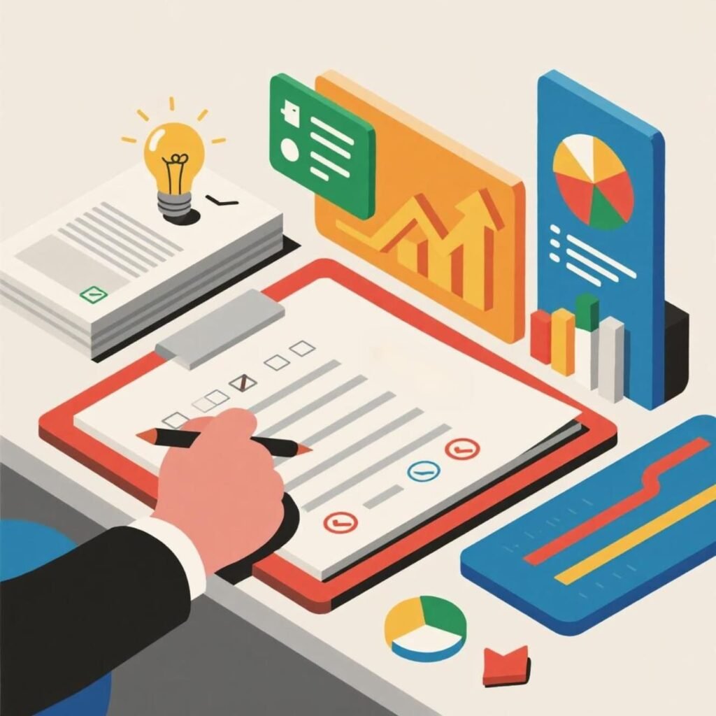 Digital illustration of an organized marketing workspace with checklists, charts, upward arrows, and lightbulb icons symbolizing data-driven tips