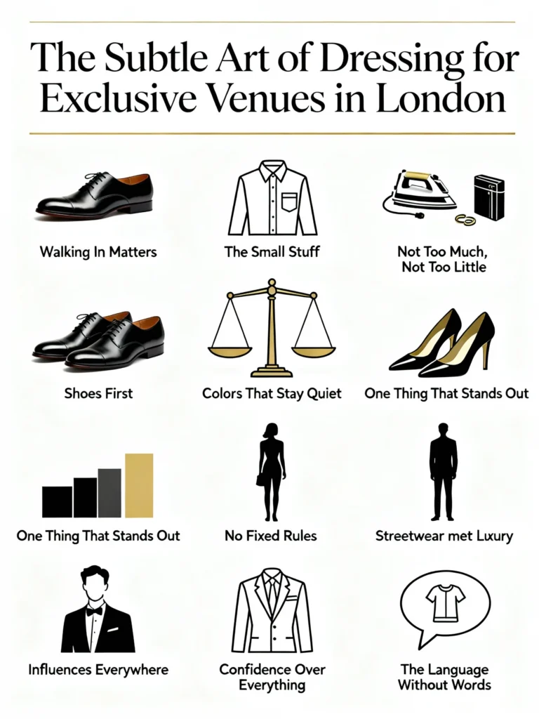 Minimalist black and gold infographic summarizing London high-end dress code tips with icons for shoes, fit, color, and confidence.