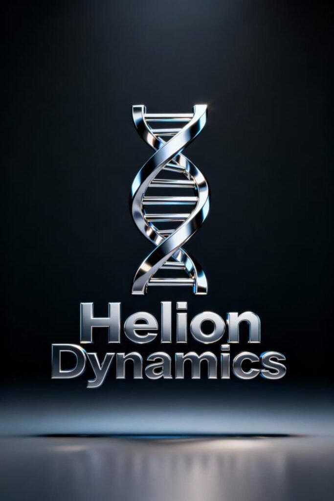 3D metallic DNA logo for Helion Dynamics with chrome texture and reflections.