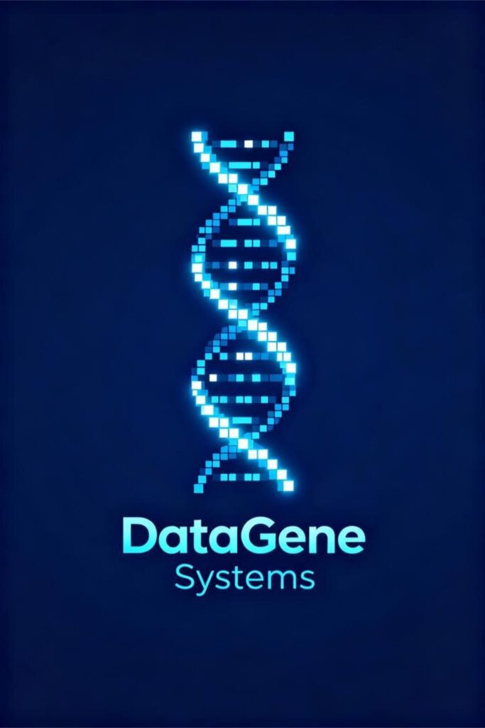 Pixelated DNA logo for DataGene Systems with glowing digital dots.