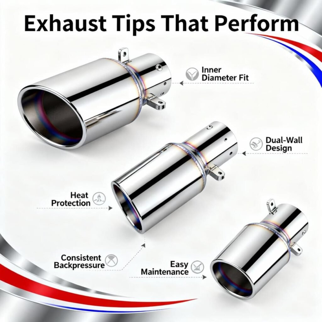 Infographic titled “Exhaust Tips That Perform” showing chrome exhaust tips with labeled features like dual-wall design, proper fit, and maintenance tips on a clean white background.