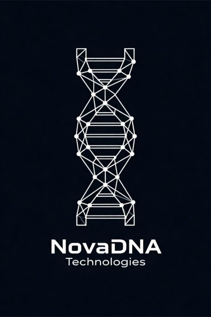 Geometric DNA logo for NovaDNA Technologies made of polygonal shapes and lines.