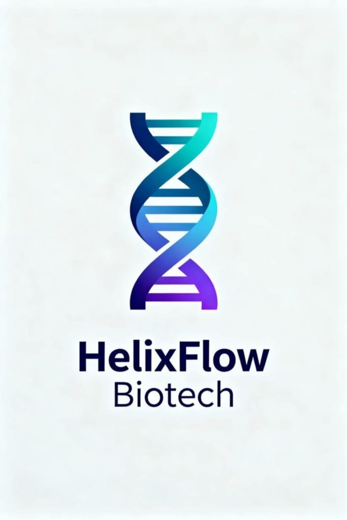 Gradient DNA logo for HelixFlow Biotech with blue to violet color transition.