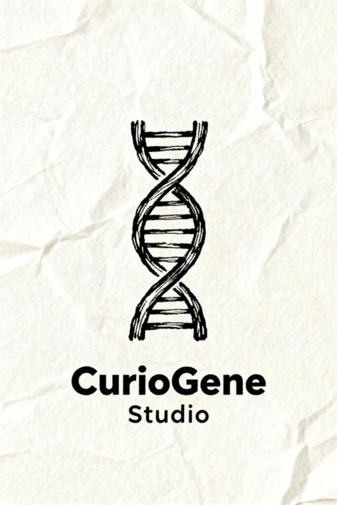 Hand-drawn DNA logo for CurioGene Studio with artistic ink-style helix lines.