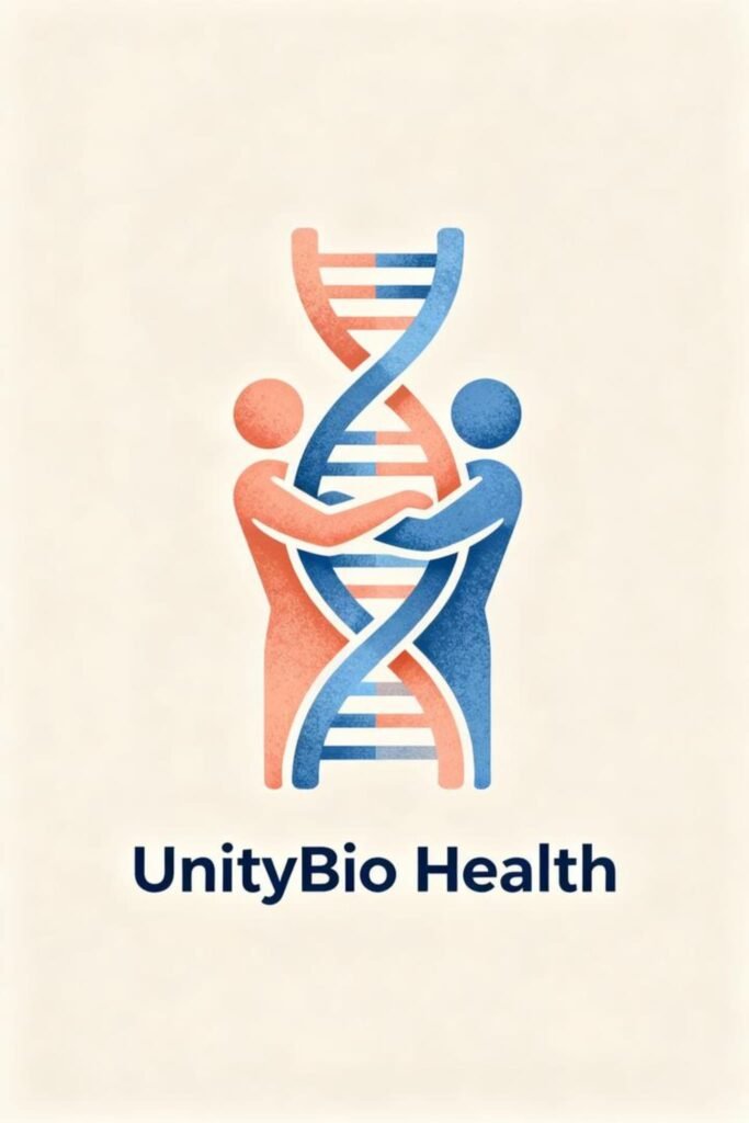 DNA logo for UnityBio Health with human figures forming a helix shape.