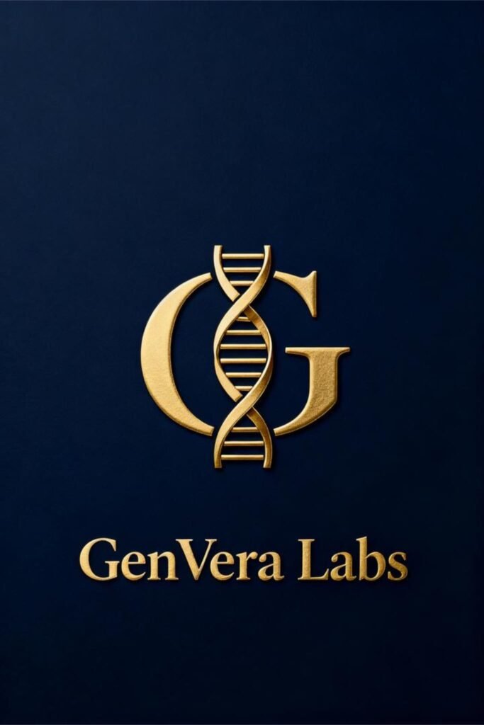 Gold monogram DNA logo for GenVera Labs on a dark background.