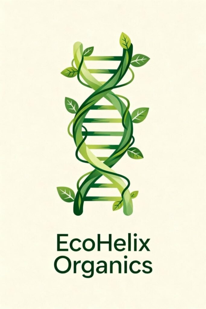 Green leafy DNA logo for EcoHelix Organics symbolizing nature and sustainability.