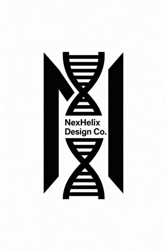 Minimalist negative-space DNA logo for NexHelix Design Co. with hidden helix.