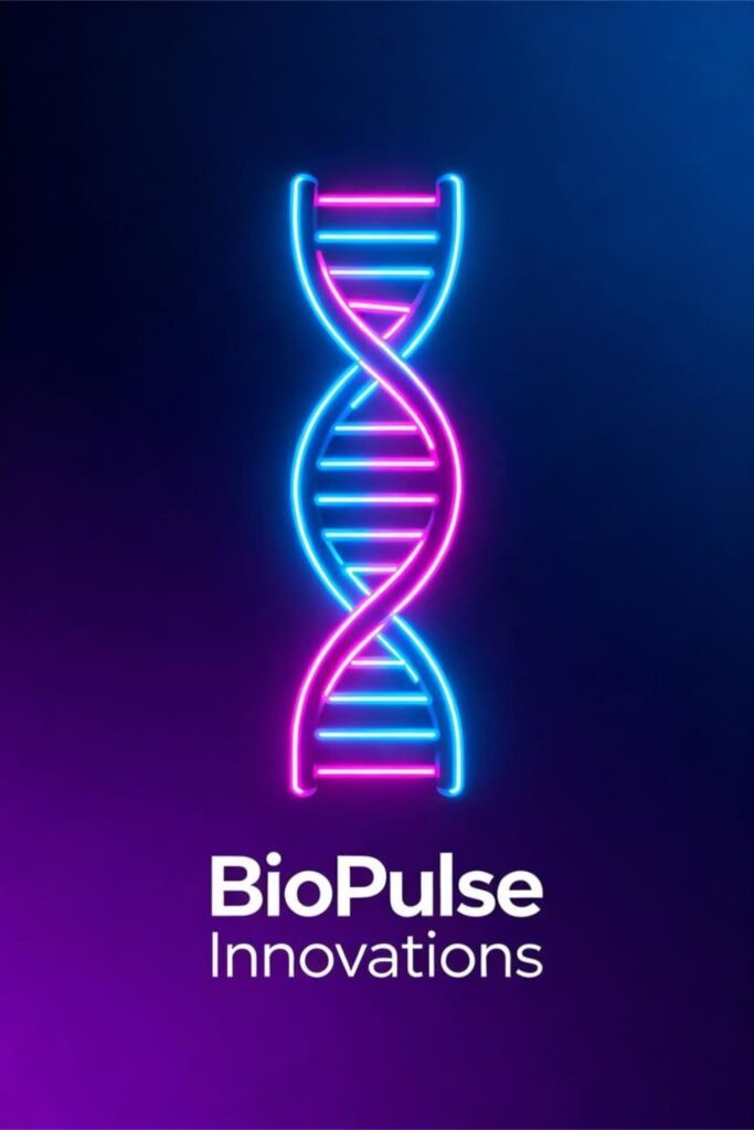 Neon DNA logo for BioPulse Innovations glowing in blue and magenta tones.