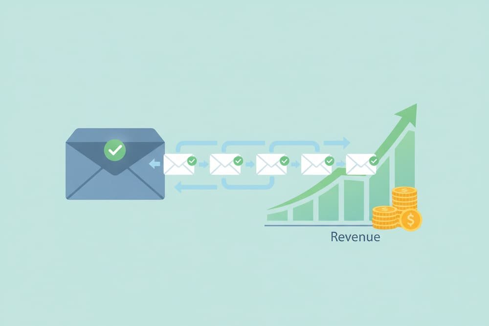 Illustration of email marketing nurturing leads and increasing revenue over time.