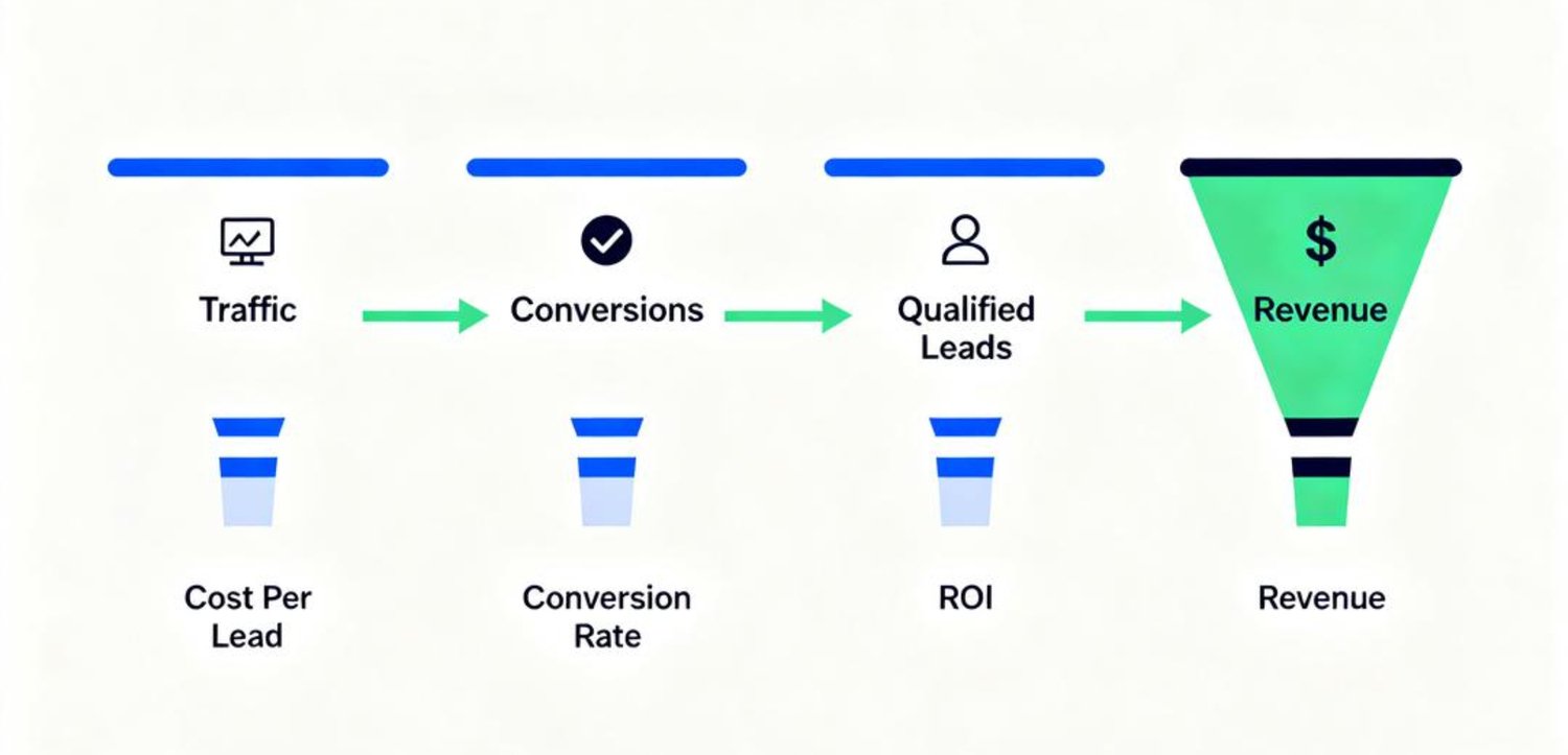 Infographic explaining performance-driven marketing focused on leads, conversions, and revenue metrics.