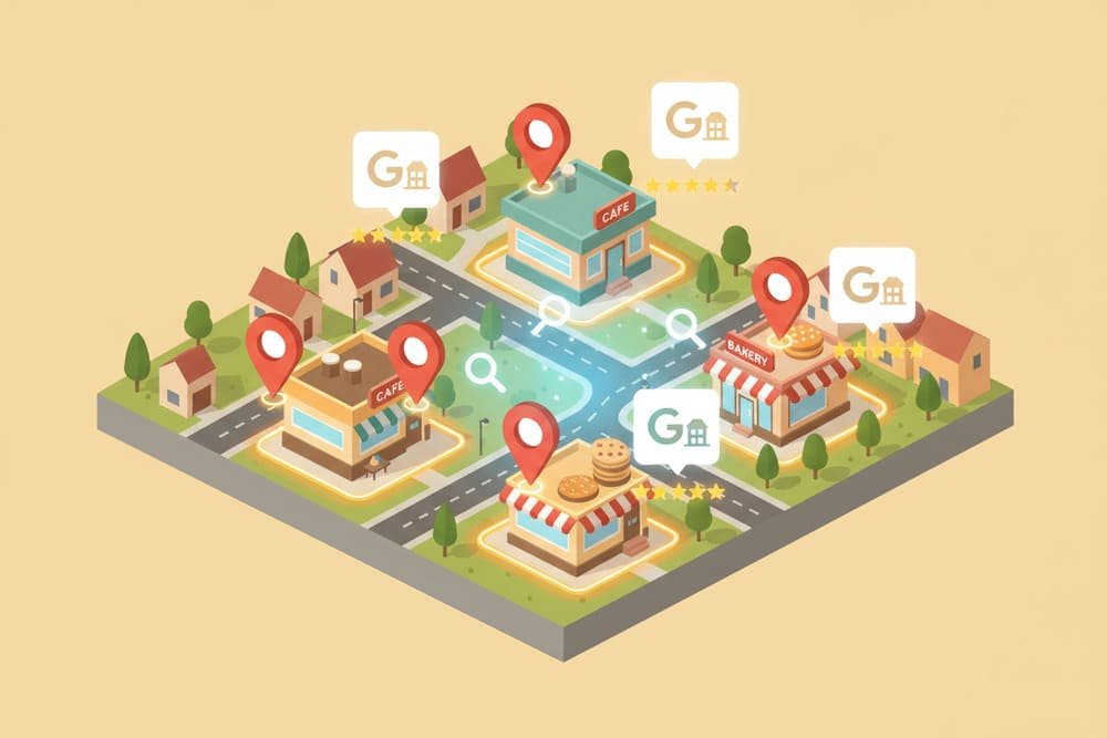 Illustration showing local SEO and map visibility as a competitive advantage for small businesses.