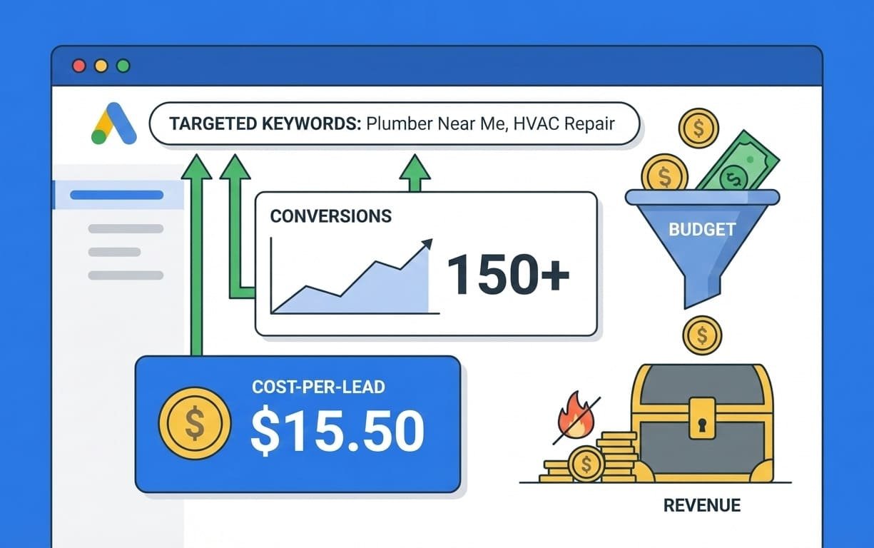 Illustration of optimized paid advertising focused on conversions and controlled ad spend.
