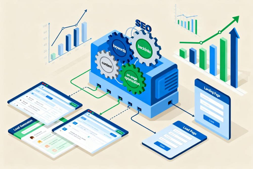 Illustration showing SEO as an active lead generation engine driving traffic into conversions.