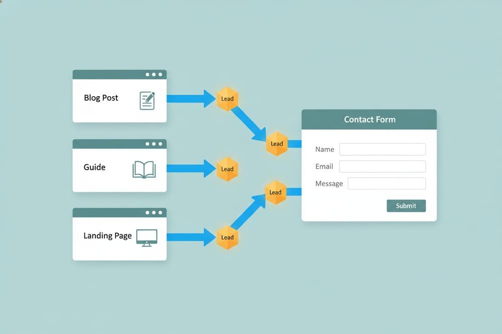 Illustration showing content marketing guiding potential leads toward conversion.