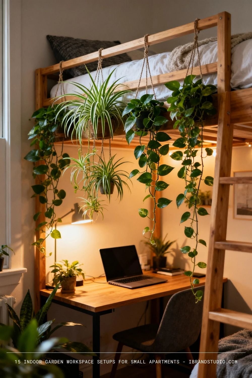 Loft Bed Office with Hanging Plants