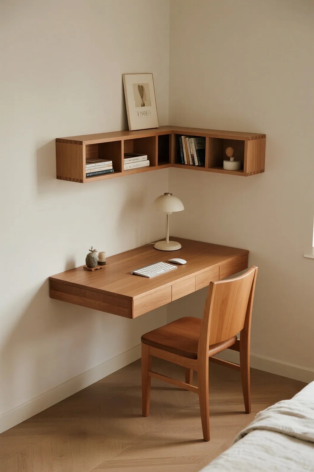 Corner Floating Desk with Wall Shelves