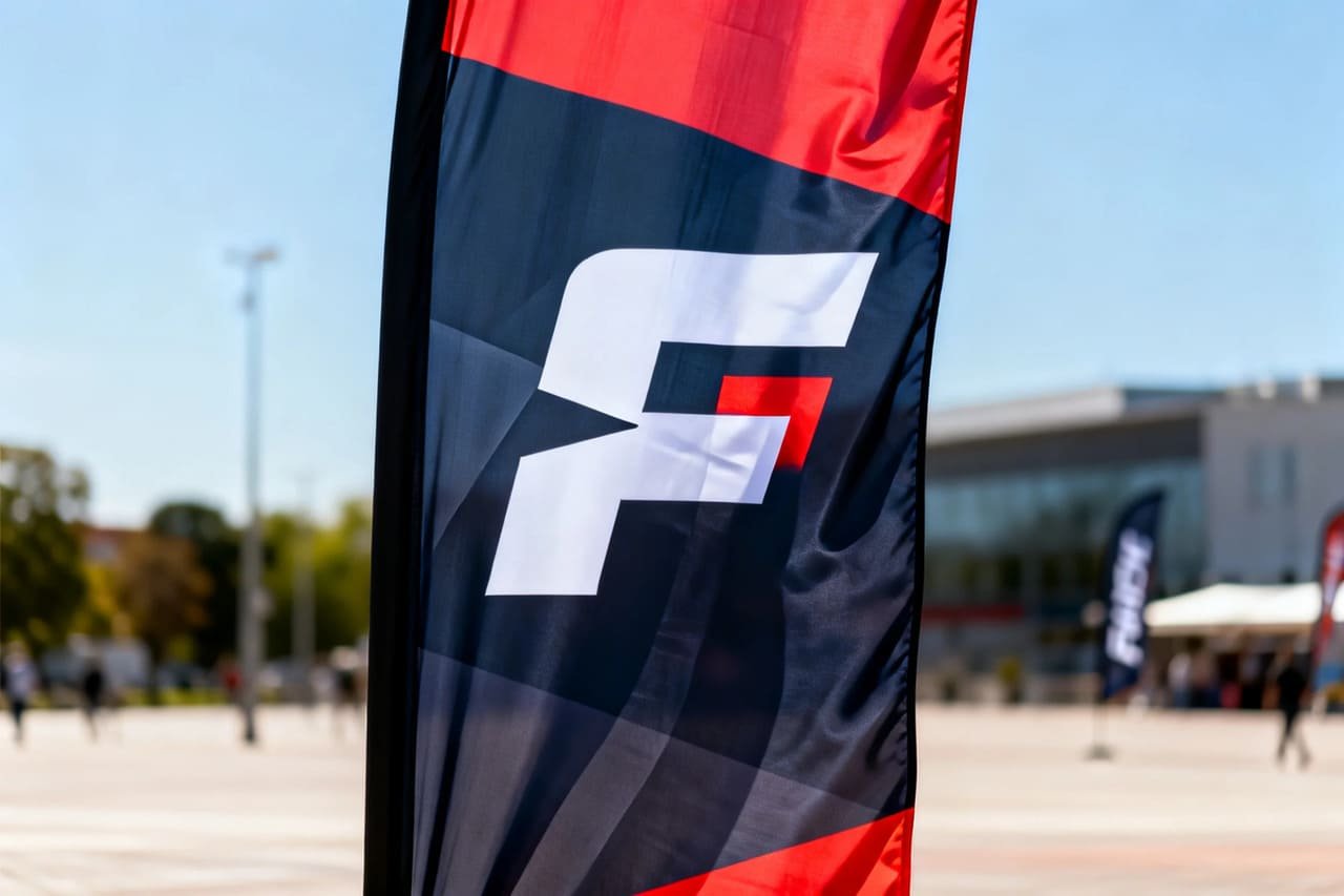 Close-up of a bold, high-contrast custom flag design with minimal text for maximum visibility.