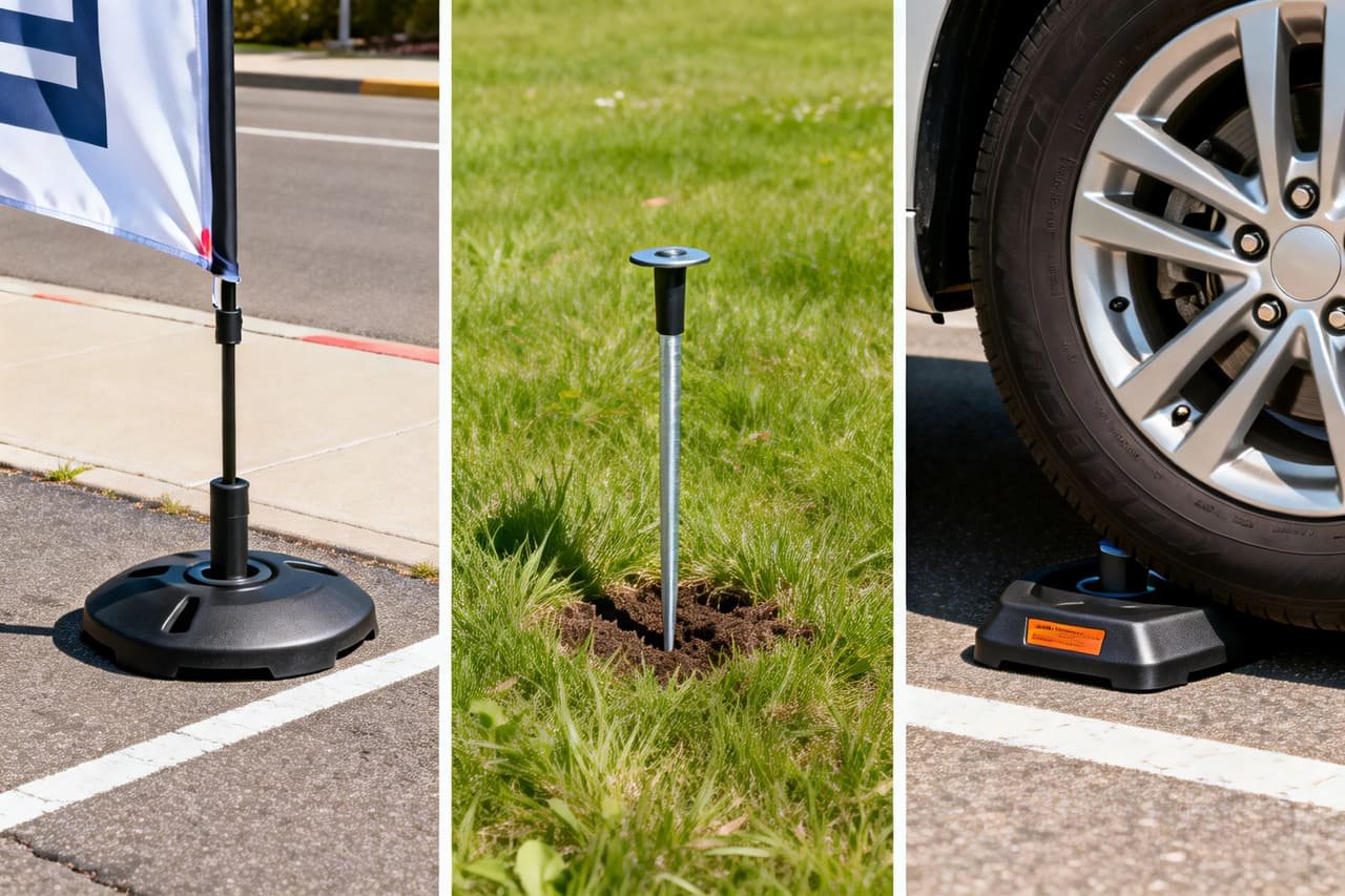 Different promotional flag base options including water-fillable base, ground spike, and drive-on base.