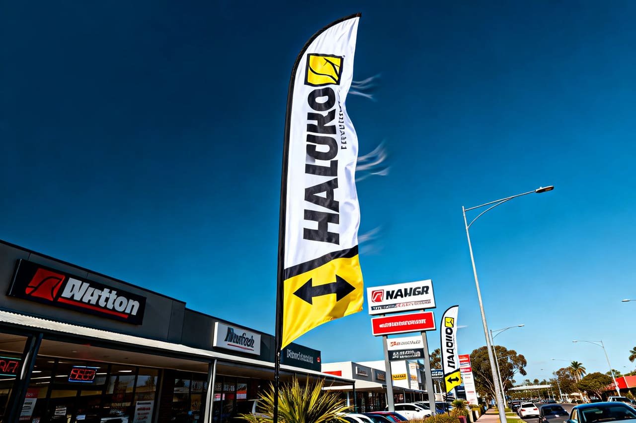 Custom feather flags standing taller than nearby signage to help a business stand out from competitors.