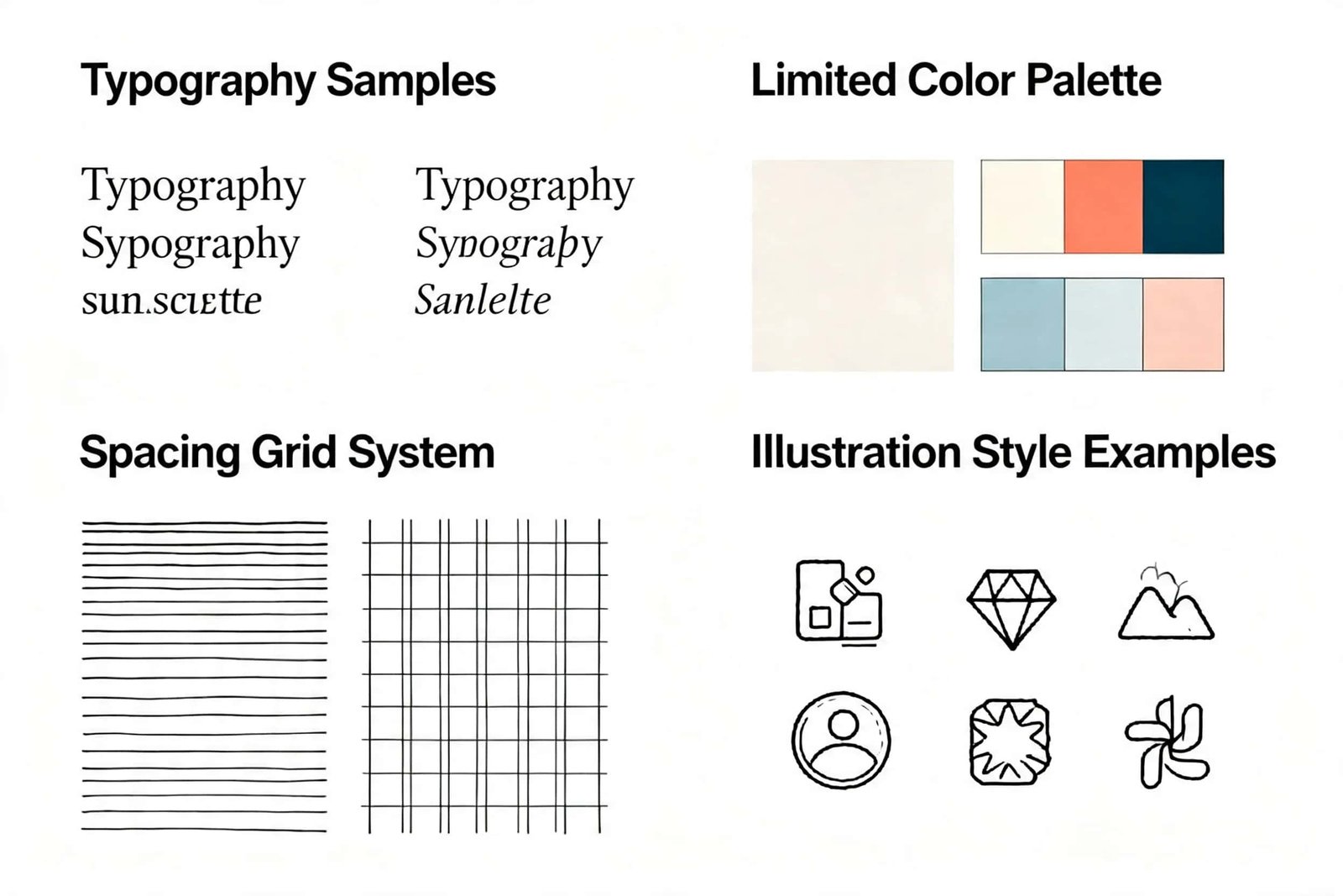 Key brand design elements including typography, color palette, and spacing system in a clean layout