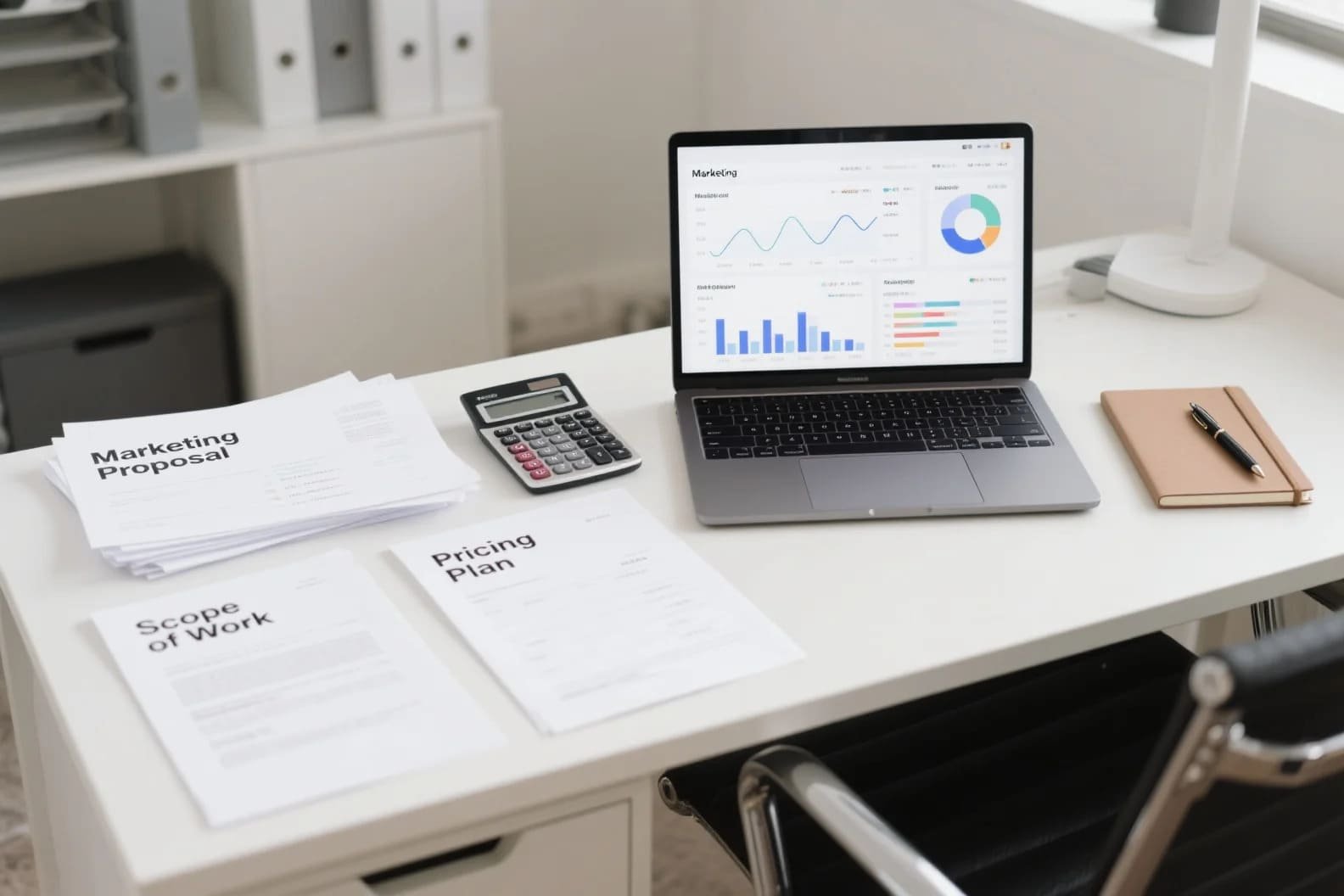 Digital marketing proposal documents with pricing plan and scope of work on a desk, laptop showing SEO analytics and performance charts