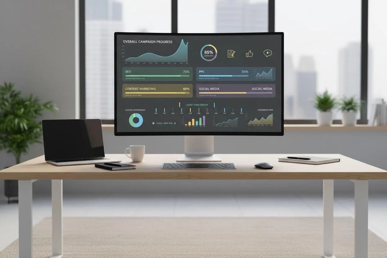 Digital marketing timeline dashboard showing SEO, PPC, content marketing, and social media growth with charts and progress over time