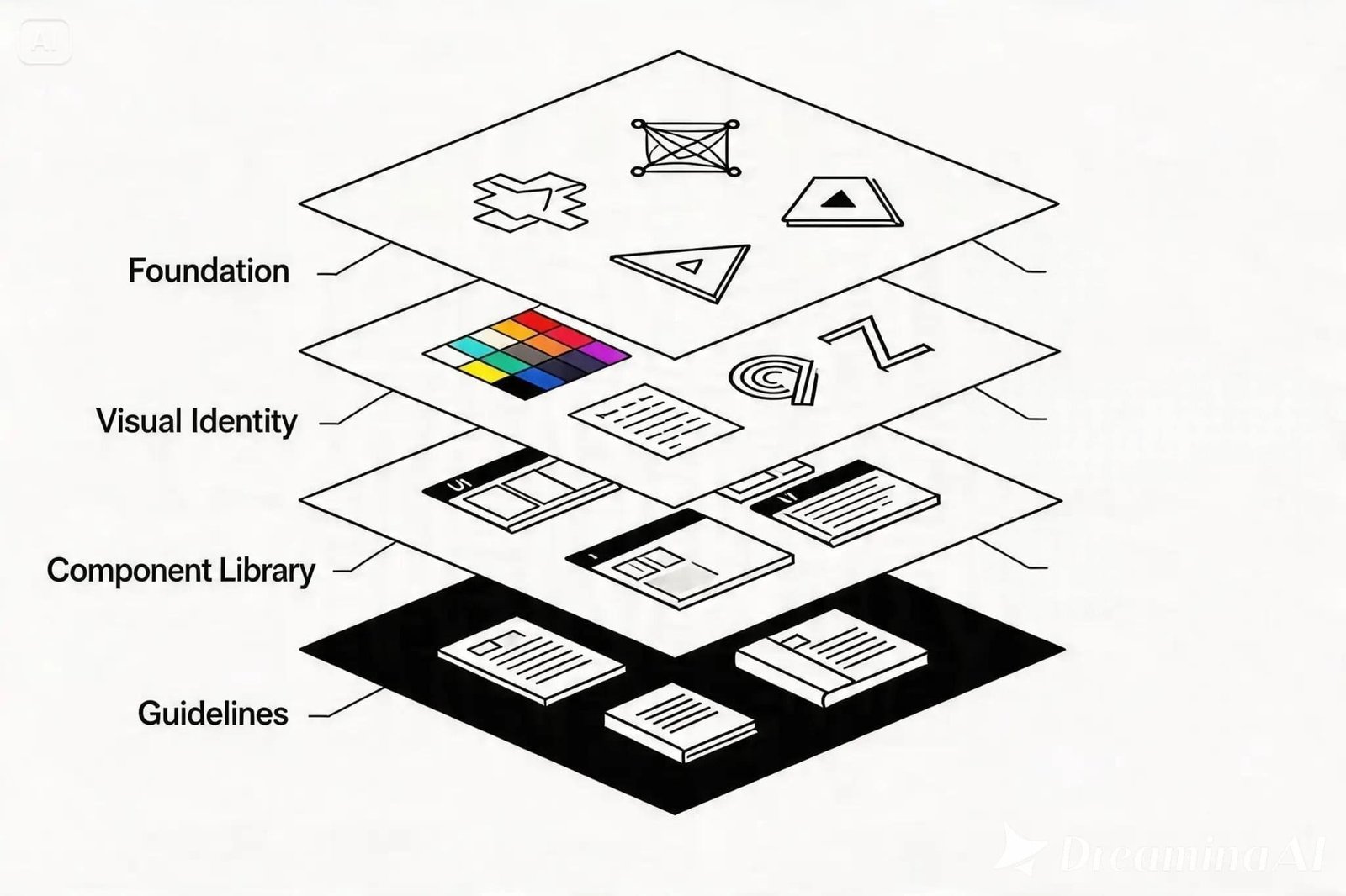 Four-layer brand identity system diagram showing strategy, visuals, components, and guidelines