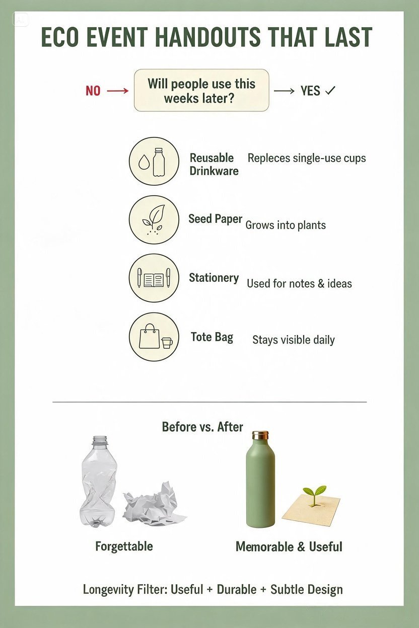 Eco event handouts infographic showing 5 reusable giveaway ideas: drinkware, seed paper, stationery, tote bags, and desk items with a before vs after waste comparison.