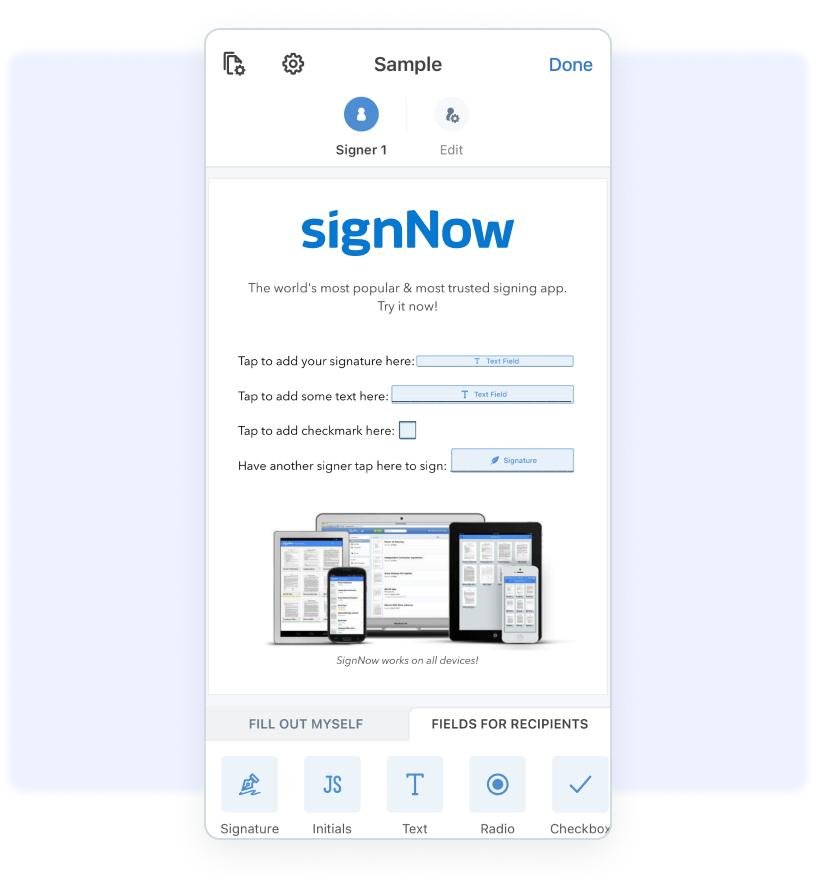 signNow electronic signature interface on an iPhone for mobile document signing.